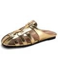 Chic gold woven flat mule shoes with metallic finish and closed toe sandals design - EU 36 / Gold