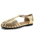 Women's woven hollow Roman sandals in golden metallic finish with flat non-slip rubber soles - EU 36 / Gold