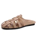 French style beige woven flat mule sandals with hollow leather straps and closed toe - EU 36 / Apricot