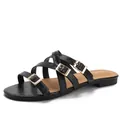 Women's black flat sandals with gold buckles and textured straps on white background - EU 36 / Black