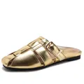 Metallic gold pointed buckle mules for women featuring hollowed-out woven beach design - EU 36 / Gold