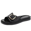 French retro black flat sandals for women featuring stylish large gold square buckle - EU 36 / Black