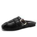 Women's black flat mules with woven leather straps and large gold buckle detail - EU 36 / Black