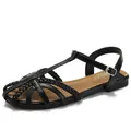 Women's black woven leather flat sandals with T-strap and adjustable ankle buckle - EU 36 / Black