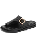 Minimalist black leather toe-ring slide sandals with a large decorative gold square buckle - 36 / Black