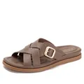 Brown leather slide sandals for women with woven cross straps and a gold buckle accent - EU 36 / Khaki