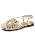Golden woven hollow strappy flat sandals with adjustable ankle buckle for beach summer - 36 / Gold
