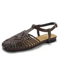 Retro dark brown woven leather sandals for women with adjustable golden buckle strap - EU 36 / Coffee