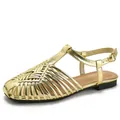 Retro Roman style gold woven gladiator sandals with T-strap and flat soles for women - EU 36 / Gold