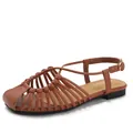 Women's brown woven strap flat sandals with adjustable buckle for beach wear - 36 / Brown