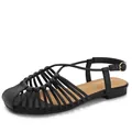 Women's black woven hollow flat sandals with adjustable ankle strap and gold buckle - 36 / Black