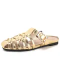 Elegant gold woven pointed-toe mule sandals with metallic buckle and flat heel design - EU 36 / Gold