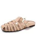 Beige woven leather pointed mule flats with a stylish square gold buckle detail - EU 36 / Apricot