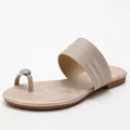 Flat slide sandals for women with rhinestones and toe ring in champagne gold finish - 36 / Gold