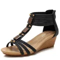Women's wedge sandals with T-strap design and wooden blocks on black upper straps - 42 / Black