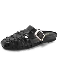 Women's black woven leather mules with elegant gold buckle and flat sole on white background - EU 36 / Black