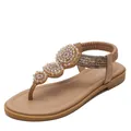 Women's T-strap flat boho sandals with crystal beaded accents and snake print details - EU 36 / Apricot
