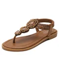 Bohemian brown flat thong sandals with beaded flowers and elastic back strap for beach - EU 36 / Brown