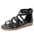 Bohemian black strappy roman flat sandals with woven details and rear zipper closure - EU 36 / Black