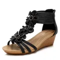 Sandales bohèmes à talons compensés pour femmes avec fleurs et talon aspect bois - 40 / Noir