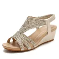 Sandalias de cuña bohemias para mujer con pedrería de champán y tira elástica - EU 36 / Albaricoque