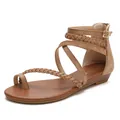 Women's brown strappy gladiator wedge sandals with woven cross straps and rear zipper - EU 36 / Brown