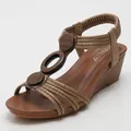 Brown wedge sandals for women with decorative wood-textured rings and elastic back strap - EU 38 / Bronze