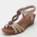 Khaki wedge sandals for women featuring triple wood grain accents and elastic back strap - EU 38 / Gold