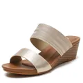 Women's wedge sandals with champagne gold metallic straps and stylish wood grain platform - EU 36 / Gold