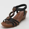 Women's black wedge sandals with T-strap wooden bead details and elastic back strap - EU 38 / Black