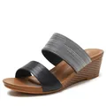 Women's wedge sandals with silver glitter straps and wooden texture platform - EU 36 / Black