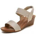 Champagne gold elastic wedge sandals for women with stylish faux wood grain textured heels - 36 / Gold