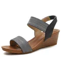 Women's wedge sandals with black elastic straps and silver stripes on a wood-textured heel - 36 / Black