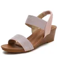 Women's pink wedge sandals with glittery fabric straps and wood-textured platform heels - 36 / Pink