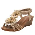 Tan wedge Roman sandals with golden silk flowers and bohemian braided straps for women - EU 38 / Apricot