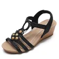 Sandalias bohemias de cuña para mujer con correas trenzadas y cuentas vintage negras - EU 36 / Negro