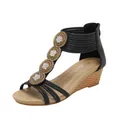 Sandalias de cuña para mujer con cuentas retro y suela de veta de madera en fondo blanco - EU 36 / Negro
