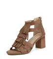 Sandalias marrones de ante con tacón ancho, flecos de varias capas y cremallera trasera - EU 38 / Marrón