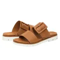 Brown platform slide sandals for women with dual straps and decorative oversized buckles - EU 36 / Camel