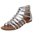 Silver Bohemian flat gladiator sandals with metallic bow accents and rear zipper closure - EU 37 / Silver