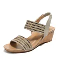 Sandali con zeppa da donna color champagne con cinturini in strass e tacco in legno - EU 36 / Oro
