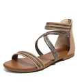 Dames gladiatorsandalen plat in kaki met slangenprint bandjes en rits achteraan - Abrikoos