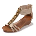 Sandalias bohemias con cuña, tiras de cuentas y cremallera trasera color beige - EU 36 / Albaricoque