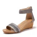 Women's silver woven wedge sandals with cork heel and back zipper in bohemian style - EU 36 / Gray