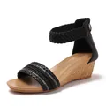 Women's black wedge sandals with braided straps and rhinestone accents on white background - EU 36 / Black