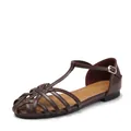 Women's woven hollow flat sandals in dark brown leather with buckled ankle strap - Coffee