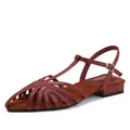 Burgundy T-strap flat sandals with pointed toe and adjustable gold buckle in white background - EU 36 / Burgundy