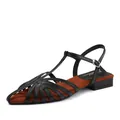 Women's black woven T-strap Roman flat sandals with pointed toe and ankle buckle - EU 36 / Black