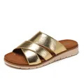 Women's platform slide sandals with golden metallic crisscross straps and brown cushioned sole - EU 36 / Gold