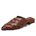 Women's woven pointed toe mule shoes in dark brown leather with a low block heel - EU 36 / Brown